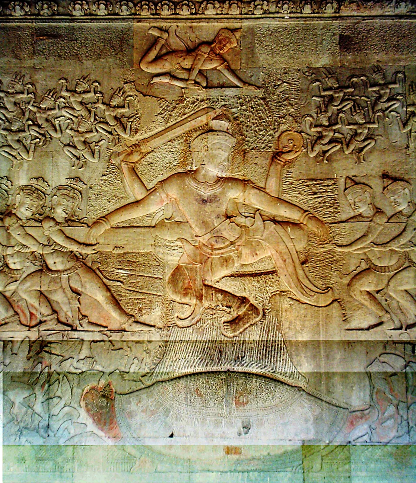 Il cocchio del mare di latte, il capolavoro dei bassorilievi Bassorilievo del cocchio del mare di latte nella galleria orientale di Angkor Wat, Cambogia