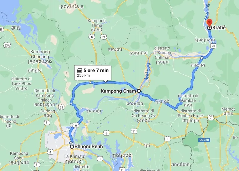 Mappa con itinerario da Phnom Penh a Kratie
