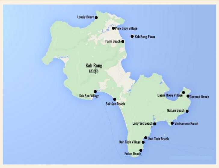 Mappa geografica di Koh Rong con l’indicazione delle località principali Mappa geografica di Koh Rong con l’indicazione delle località principali