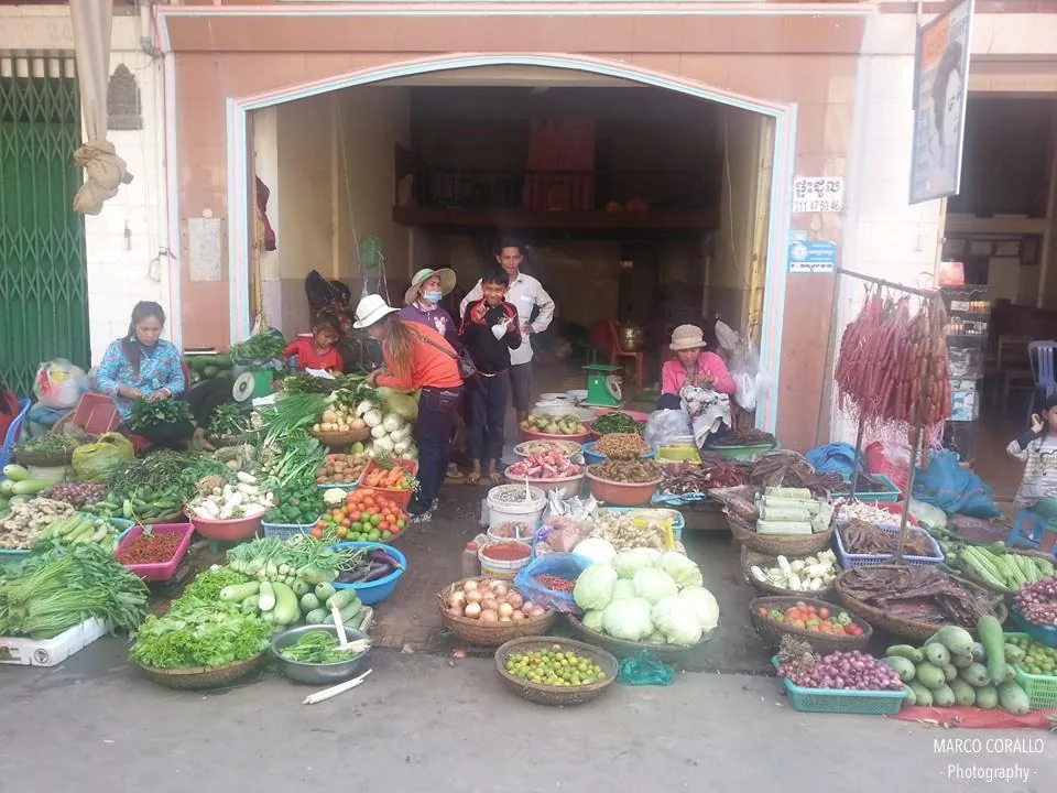 mercato cittadino a Kratie, venditori di verdura e carne mercato cittadino a Kratie, venditori di verdura e carne