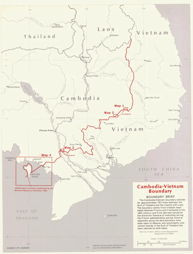 La frontiera terrestre Cambogia-Vietnam Mappa del confine terrestre tra Cambogia e Vietnam con la linea di frontiera che attraversa il sud-est della Cambogia