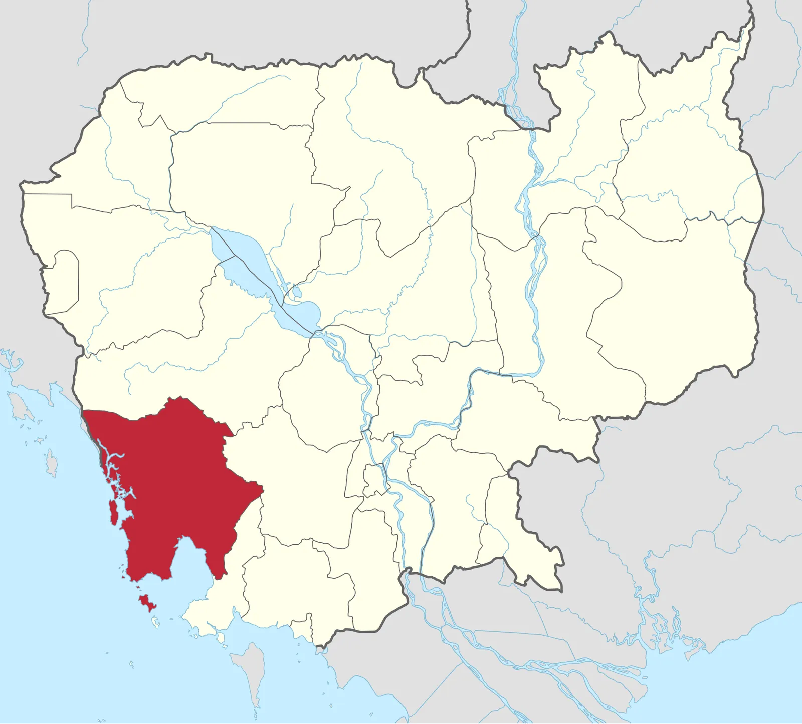 Dove si trova Koh Kong in Cambogia Mappa della Cambogia con evidenziata la provincia di Koh Kong nel sud-ovest del Paese, dove si trova la più grande isola cambogiana