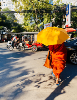 un monaco buddhista si ripara dai raggi del sole con un ombrello giallo